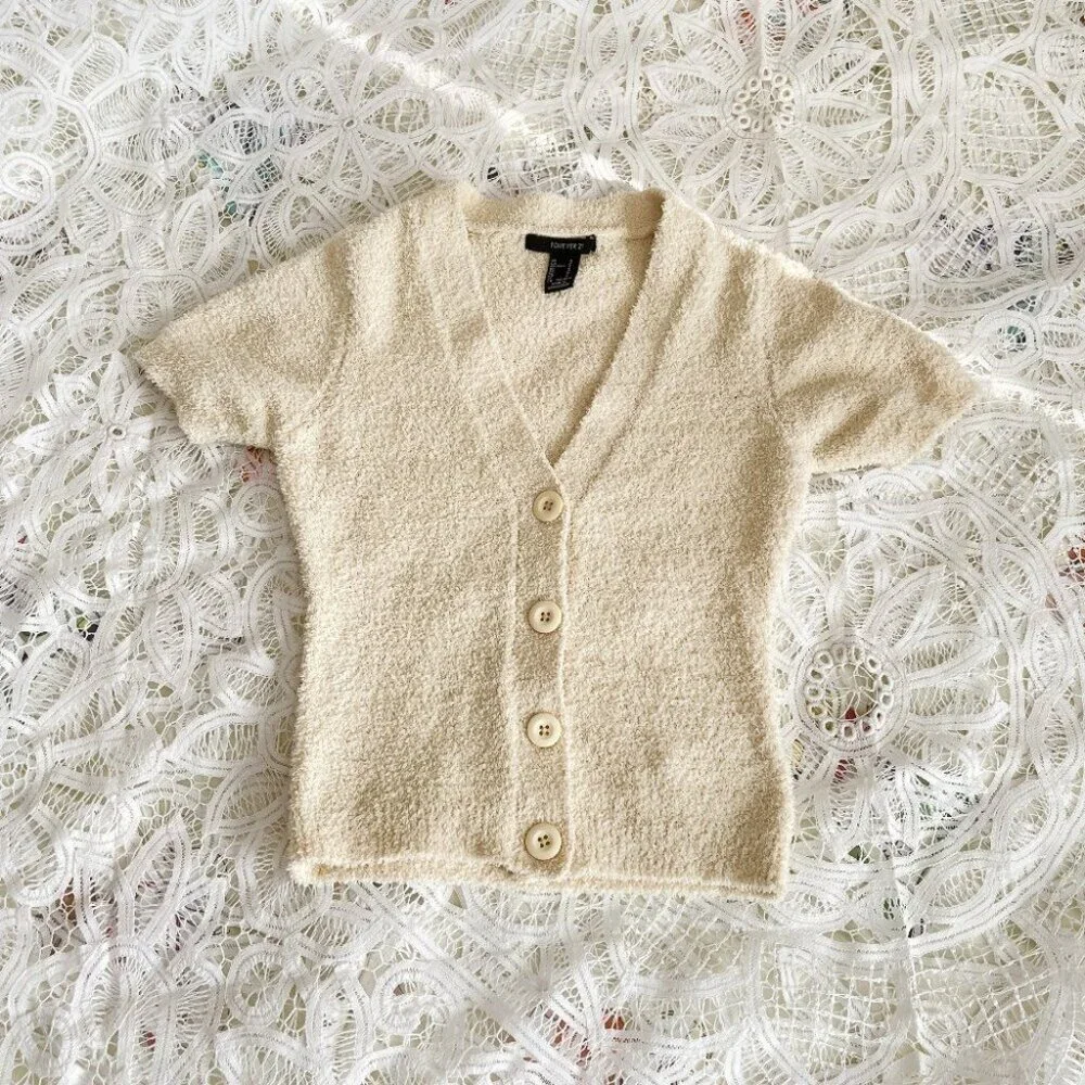 Forever 21 Fleece Sherpa Button-Up Cardigan Cream - S - Picture 1 of 7